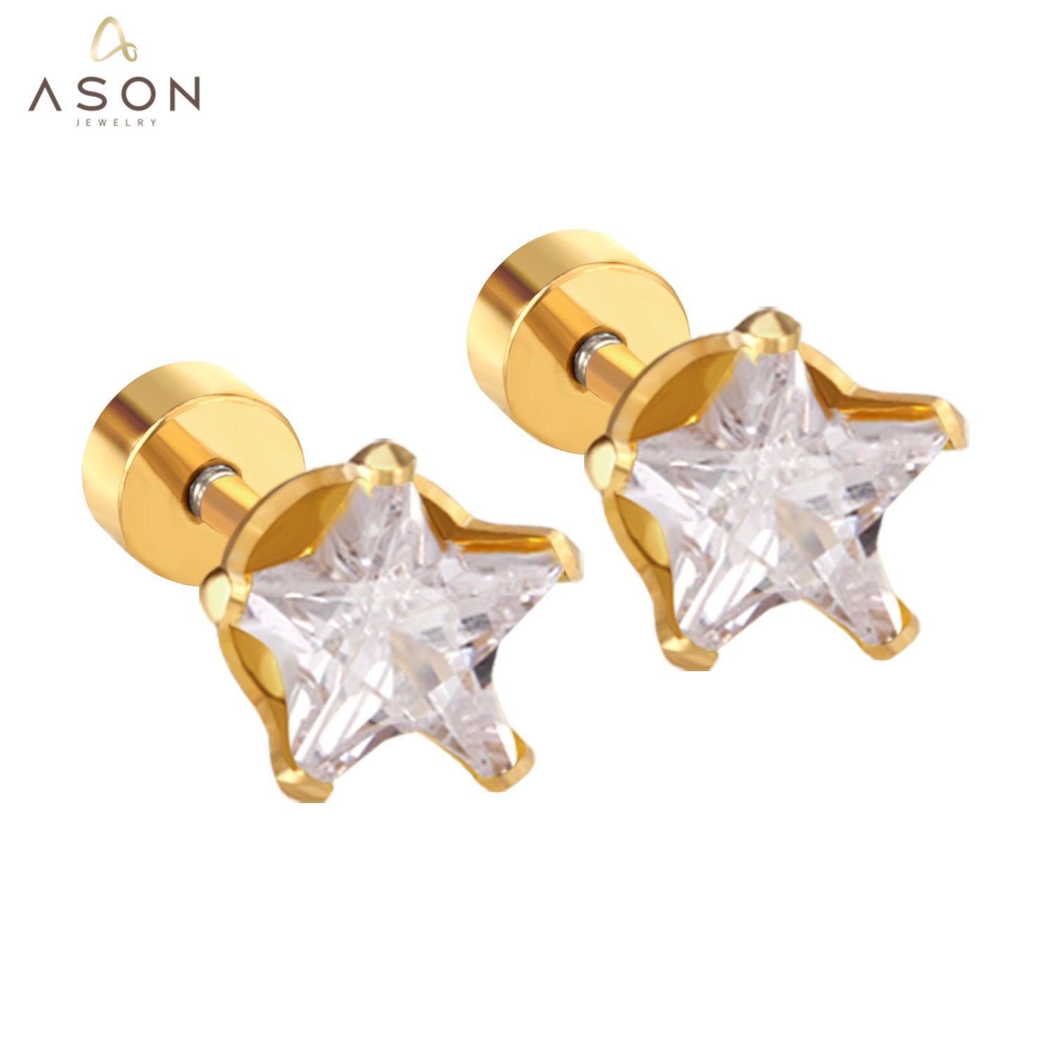ASON Punk Small Star Screw Piercing Stud Earrings Cubic Zirconia Stainless Steel Gold Color Fashion Jewelry For Women Gift asonjewelry